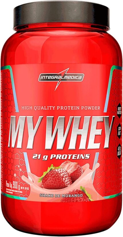 Integralmedica My Whey Proteína em Pó Sabor Morango - 21g de Proteína por Porção - Alta Concentração de BCAAs - Pote 900g